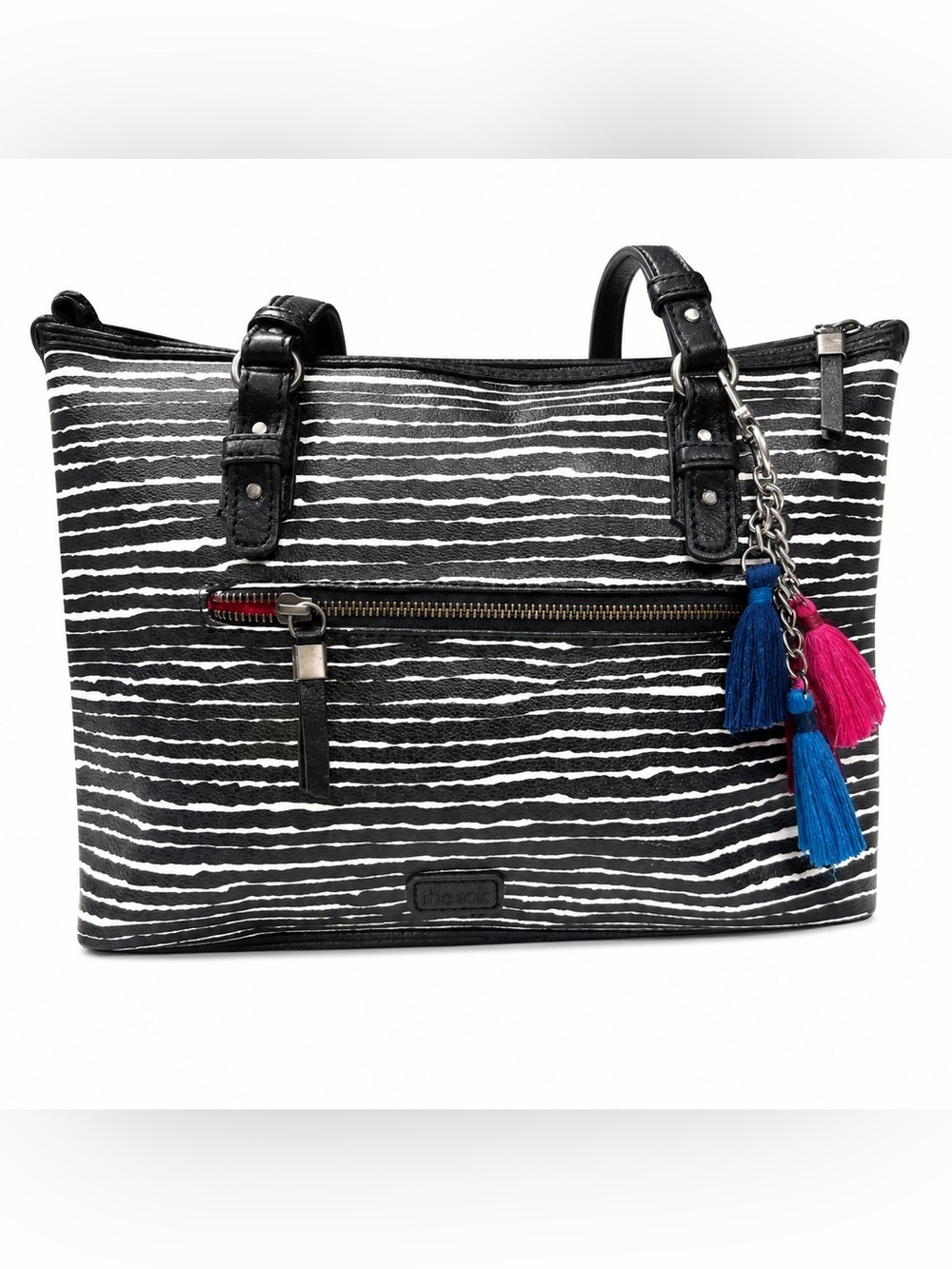 The Sak Limited Edition Black & White Striped Shoulder Bag/Tote w/4-Tassel Charm